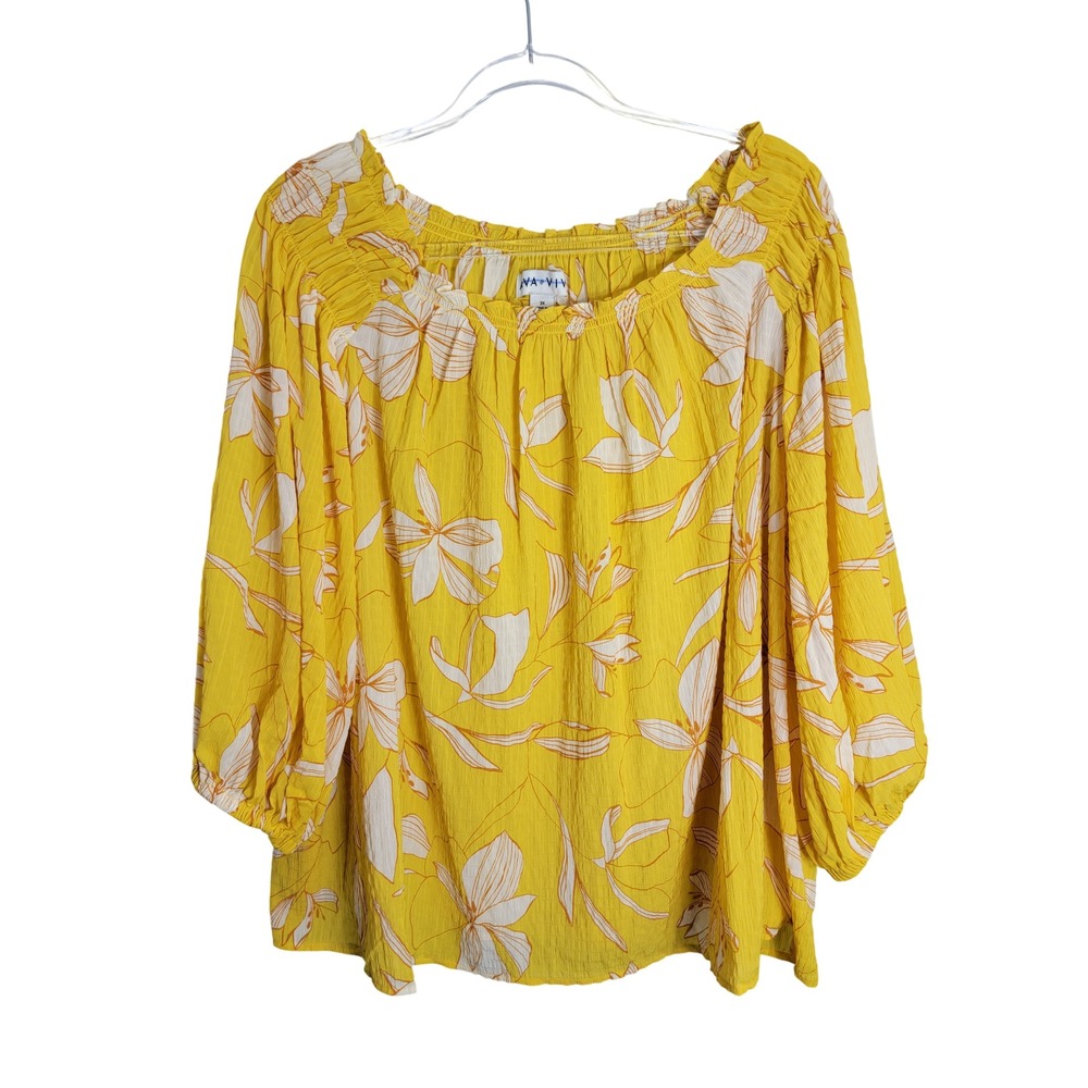 Ava & Viv Womens 3X Blouse Yellow Floral Off Shoulder 3/4 Sleeve Boho Peasant